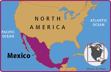 A map of North America showing the location of Mexico