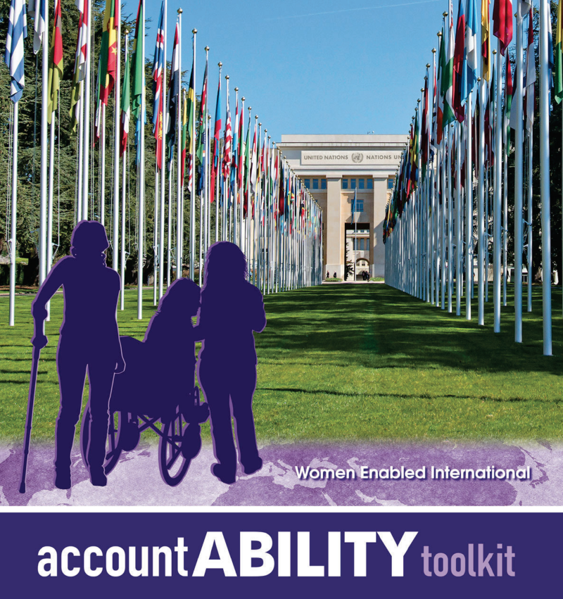 This cover shows a picture of the outside of the United Nations building with two long rows of flags from different countries. A purple silhouette shows the shape of three women approaching the building, one using a single crutch and one in a wheelchair interacting with a woman walking without aids.