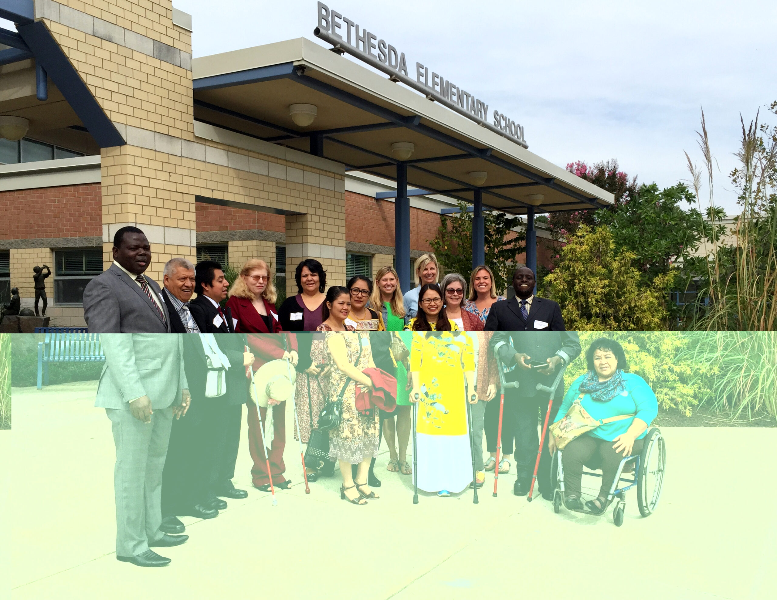 A diverse group of people, some with and some without disabilities, pose for a photo in front of the front of a school. A sign above the entrance reads Bethesda Elementary School.